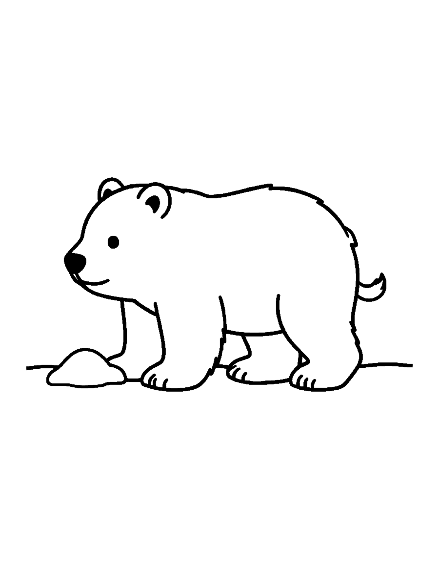 Line drawing of a fluffy polar bear cub standing side-on on the ice