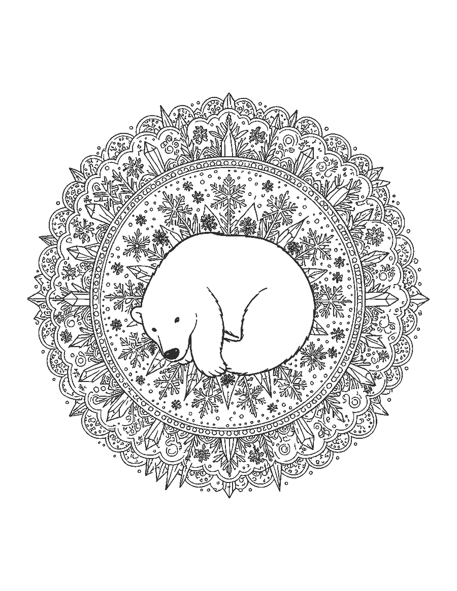 Line drawing of a polar bear curled in the center of a mandala made of snowflakes