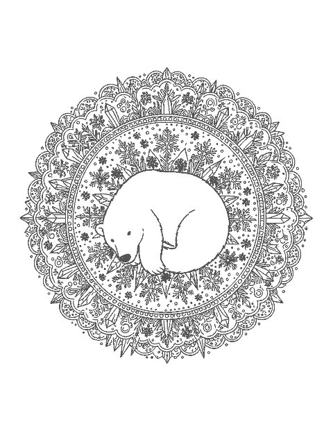 Line drawing of a polar bear curled in the center of a mandala made of snowflakes