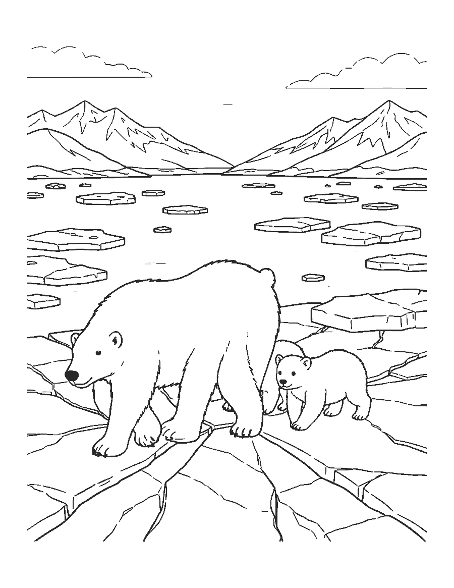 Line drawing of a polar bear mother and two cubs walking across cracked sea ice
