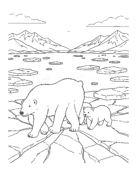 Line drawing of a polar bear mother and two cubs walking across cracked sea ice