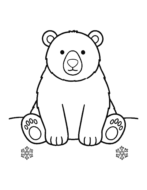 Line drawing of a fluffy polar bear sitting in the snow