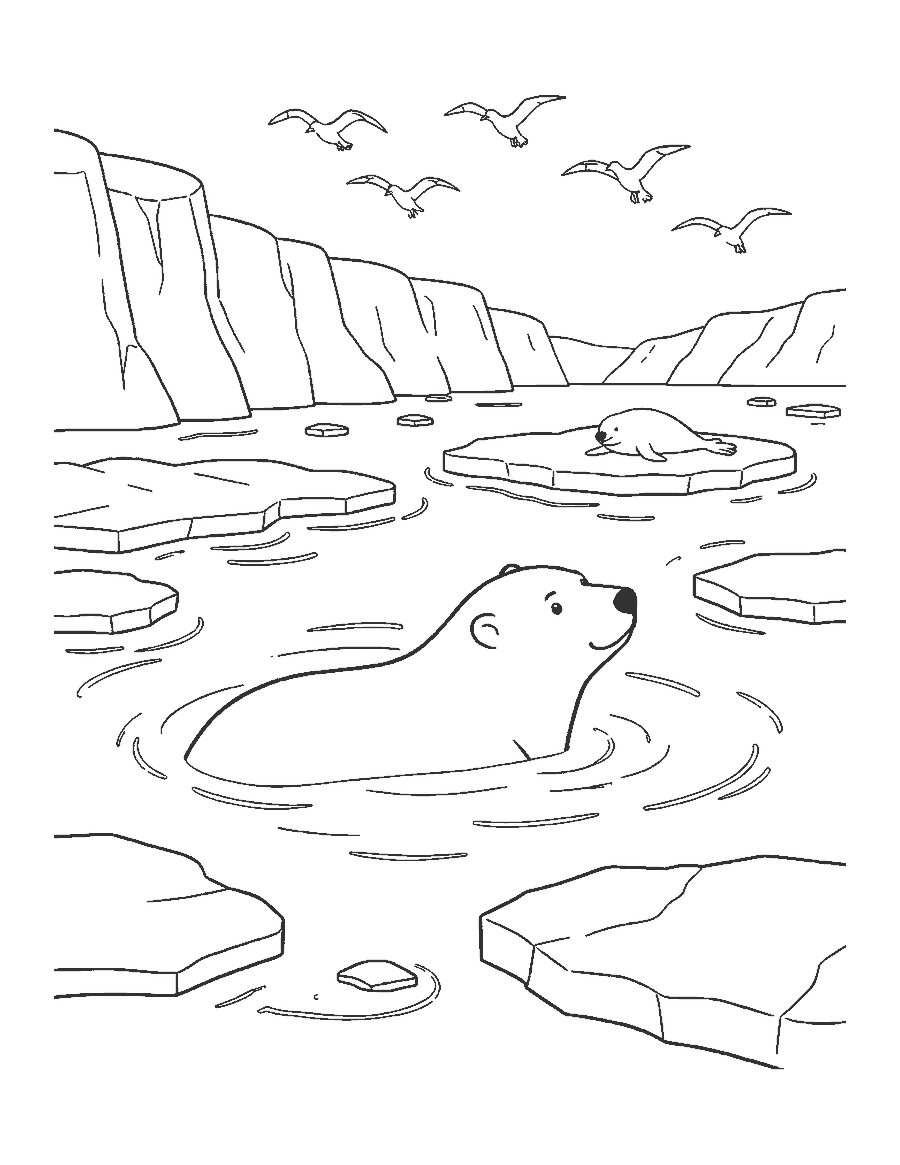 Line drawing of a polar bear swimming among ice floes with snowy cliffs and a distant seal