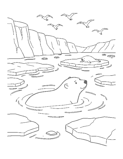 Line drawing of a polar bear swimming among ice floes with snowy cliffs and a distant seal
