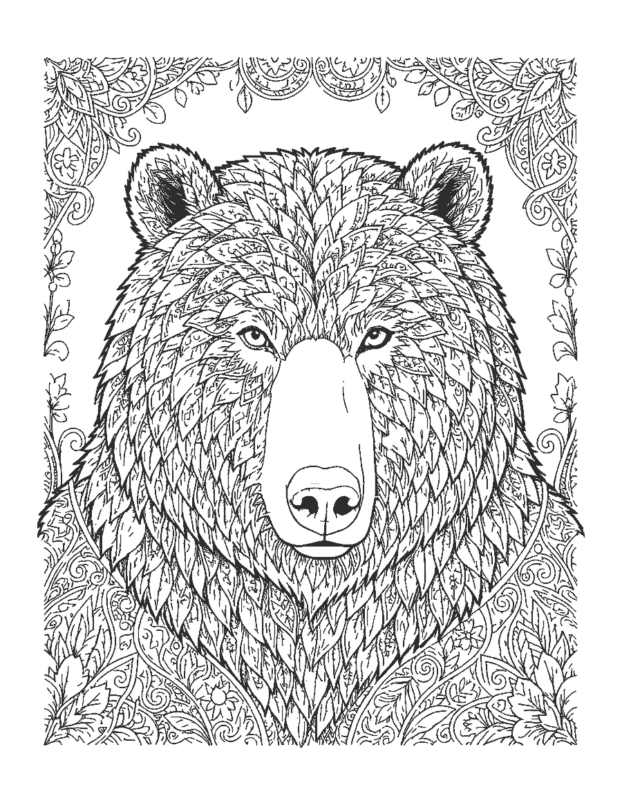 Line drawing of a realistic grizzly bear's head and shoulder hump with thick tufted fur
