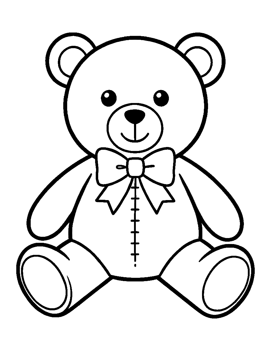 Line drawing of a teddy bear sitting with its legs straight out and a bow at its neck
