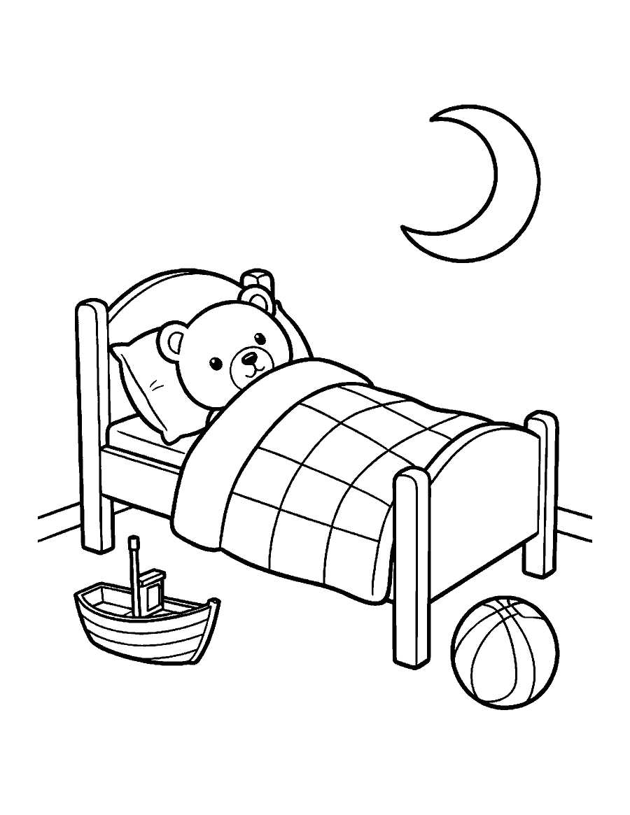 Line drawing of a teddy bear tucked into a small toy bed beside a moon night-light