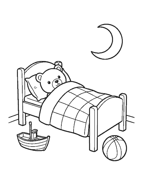 Line drawing of a teddy bear tucked into a small toy bed beside a moon night-light
