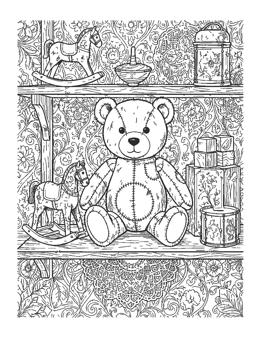 Line drawing of a patched vintage teddy bear on a shelf with a rocking horse and antique toys