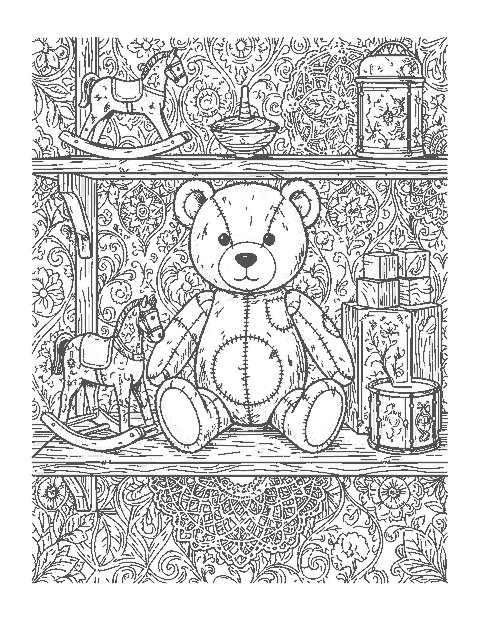 Line drawing of a patched vintage teddy bear on a shelf with a rocking horse and antique toys