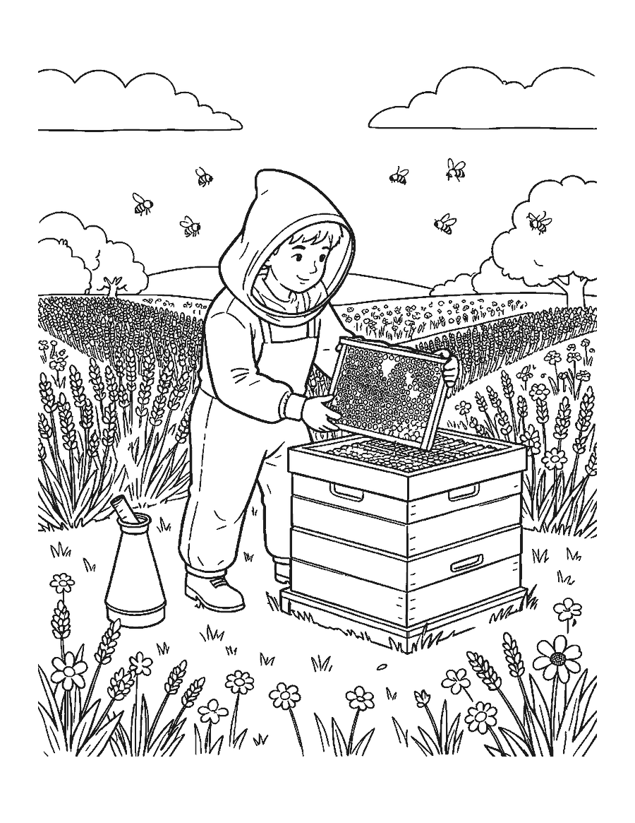 Line drawing of a beekeeper in a veil lifting a honeycomb frame from a hive in a meadow