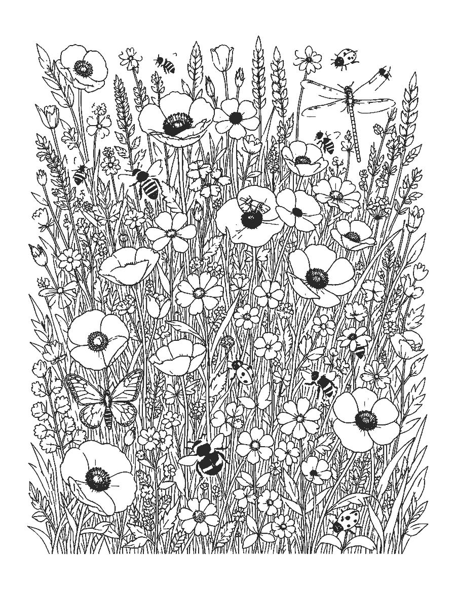 Line drawing of bees, ladybugs, a butterfly and other bugs among detailed wildflowers