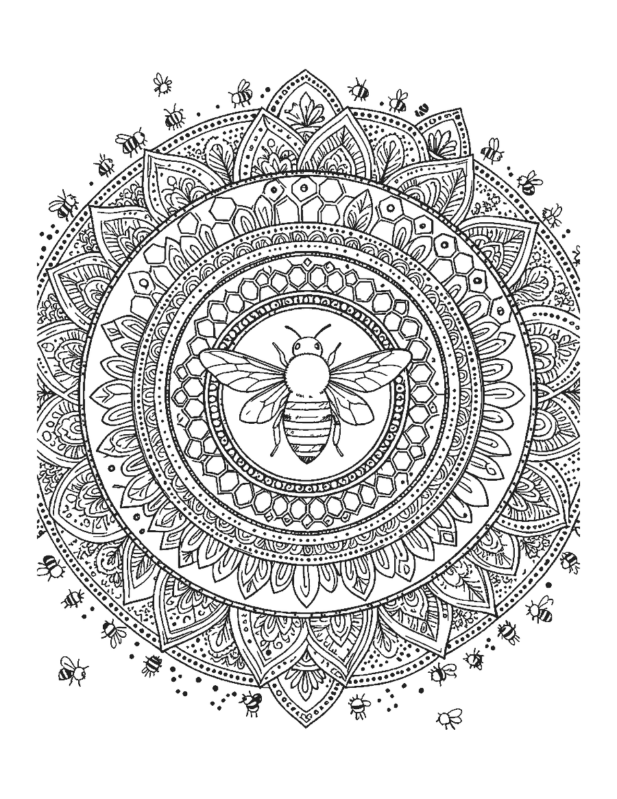 Line drawing of a round mandala made of honeycomb hexagons and flowers with a bee in the center