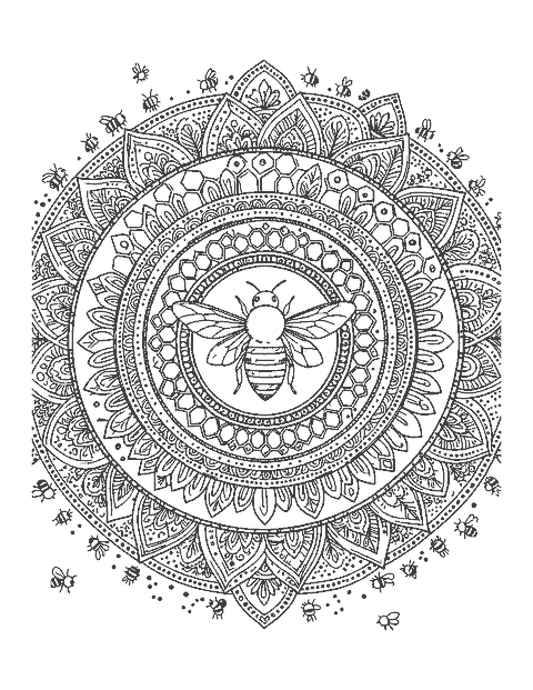 Line drawing of a round mandala made of honeycomb hexagons and flowers with a bee in the center