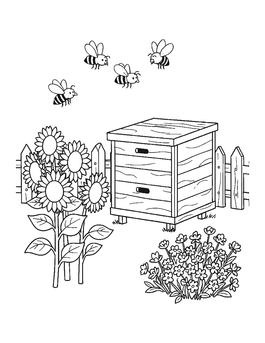 Line drawing of honeybees flying toward a wooden hive box beside sunflowers and a fence