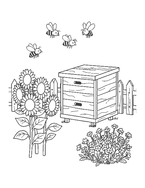 Line drawing of honeybees flying toward a wooden hive box beside sunflowers and a fence