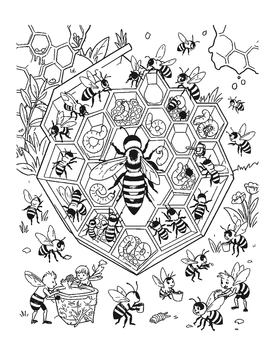 Line drawing of a honeycomb with a queen bee, worker bees, larvae and capped honey cells