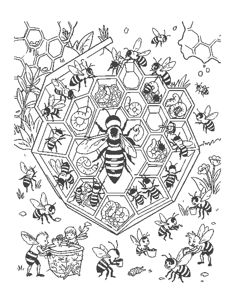 Line drawing of a honeycomb with a queen bee, worker bees, larvae and capped honey cells
