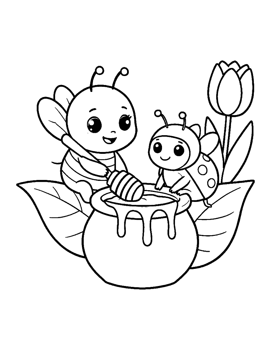 Line drawing of a cute bee and ladybug sharing a pot of honey on a leaf