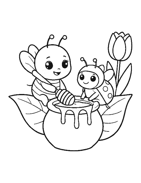 Line drawing of a cute bee and ladybug sharing a pot of honey on a leaf