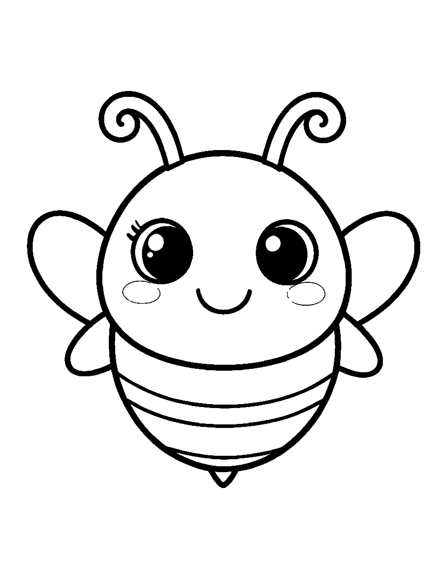 Line drawing of a cute round striped bee with big eyes and tiny wings