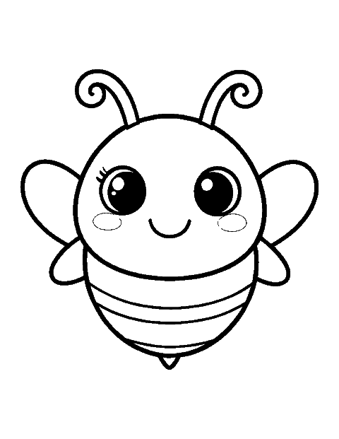 Line drawing of a cute round striped bee with big eyes and tiny wings