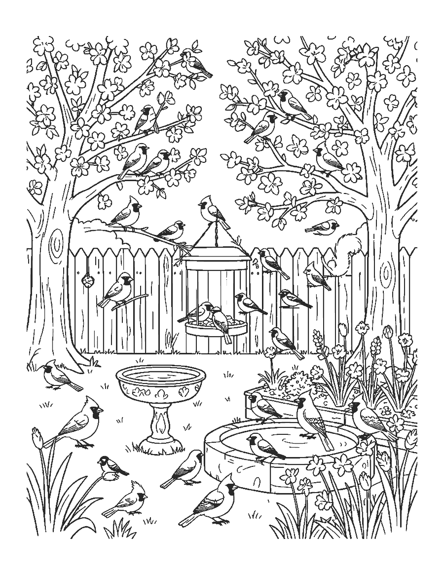 Line drawing of cardinals, finches and a blue jay at a backyard feeder near a birdbath