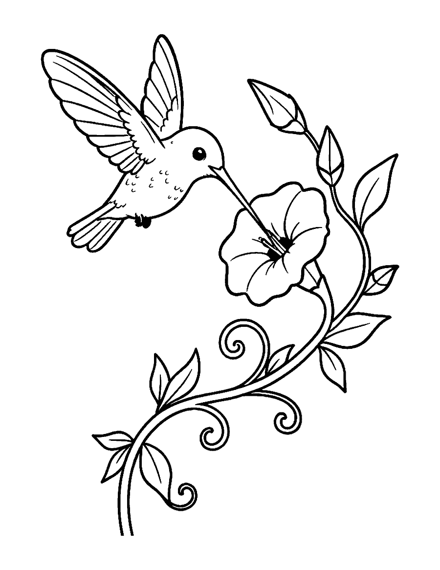 Line drawing of a hummingbird hovering and sipping from a trumpet-shaped flower
