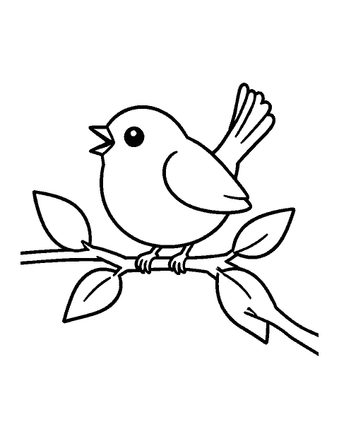 Line drawing of a small round songbird singing on a leafy branch