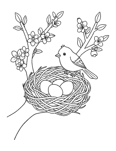 Line drawing of a mother bird on the edge of a twig nest with three eggs among blossoms