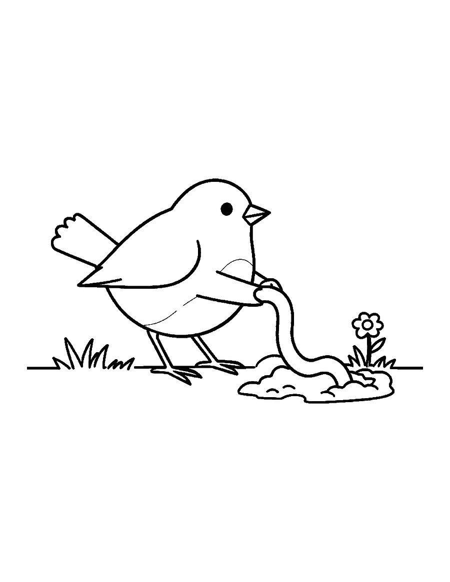 Line drawing of a robin pulling a long worm out of the grass