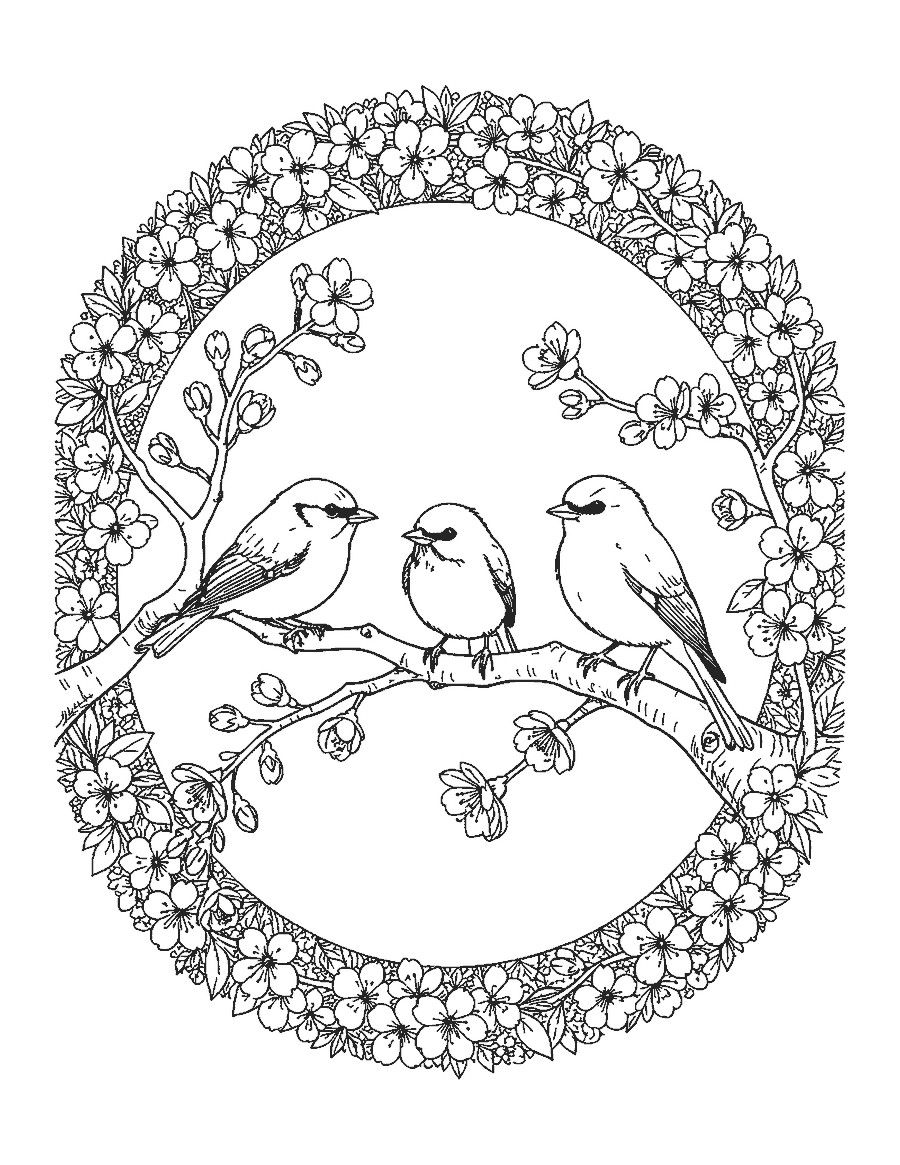 Line drawing of three songbirds on a detailed cherry blossom branch inside a round border