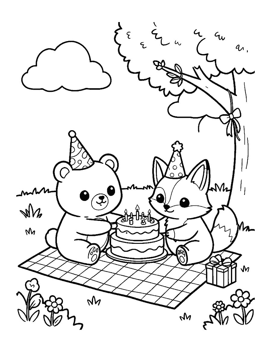 Line drawing of a cute bear, rabbit and fox in party hats sharing cake
