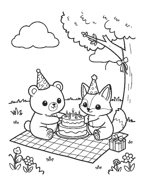 Line drawing of a cute bear, rabbit and fox in party hats sharing cake