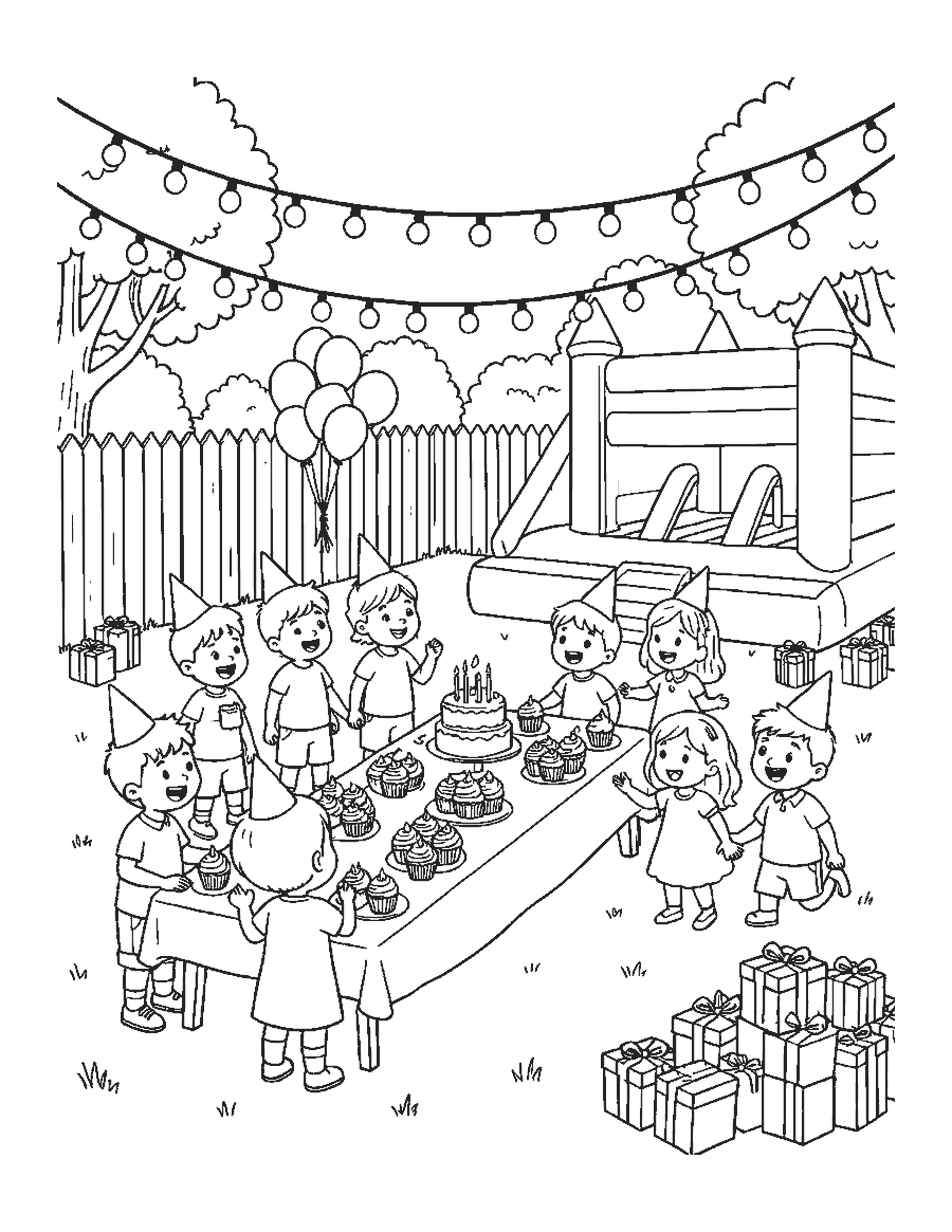 Line drawing of a backyard birthday party with a bounce house and cake table