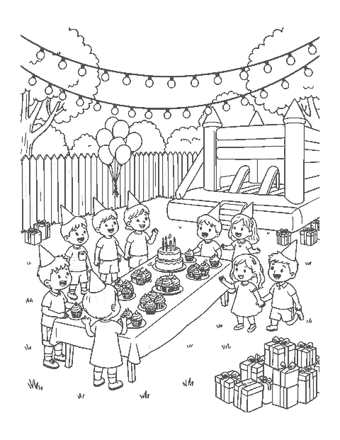 Line drawing of a backyard birthday party with a bounce house and cake table
