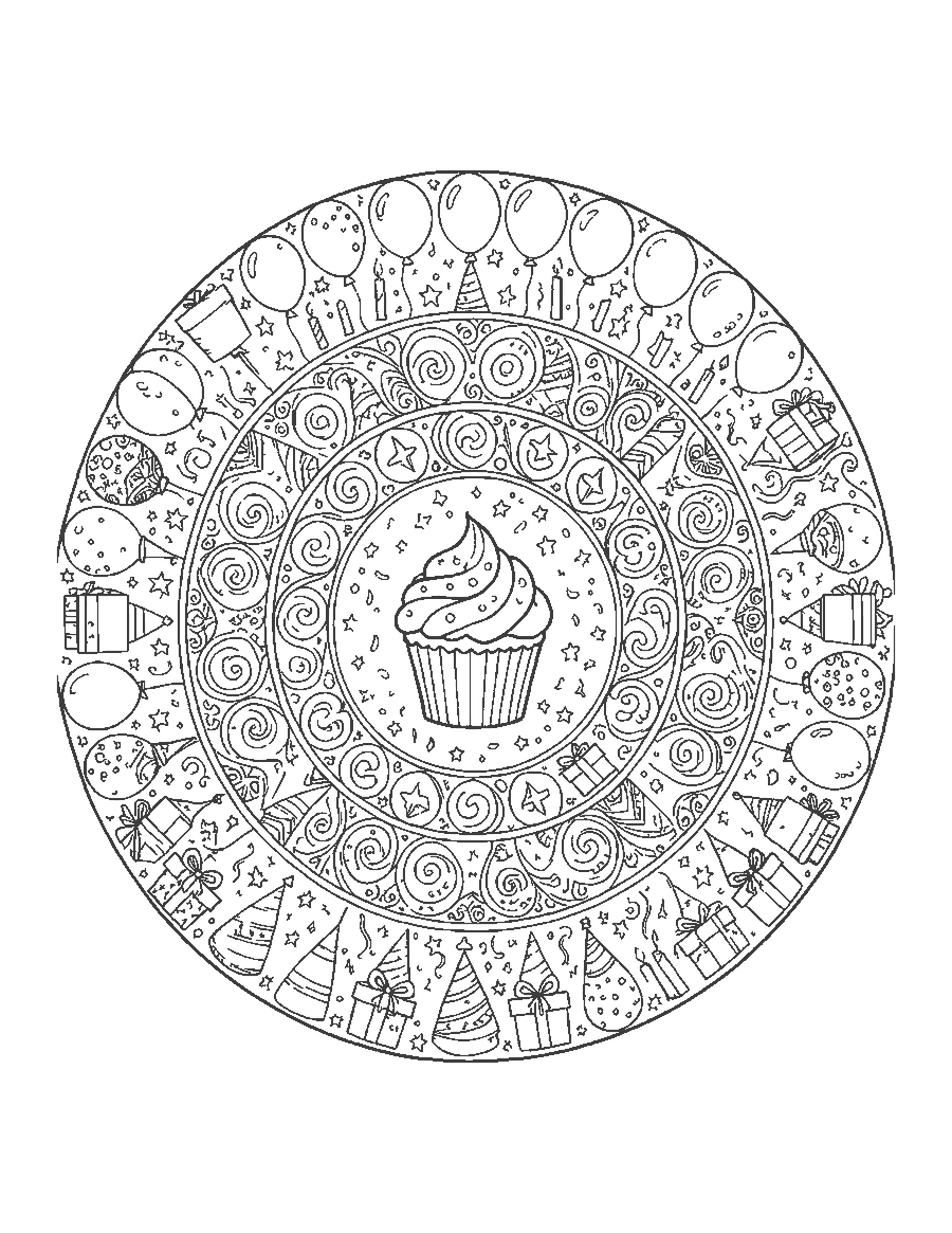 Line drawing of a round mandala made of balloons, gifts, candles and party hats