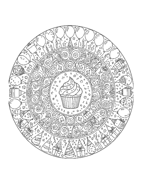 Line drawing of a round mandala made of balloons, gifts, candles and party hats