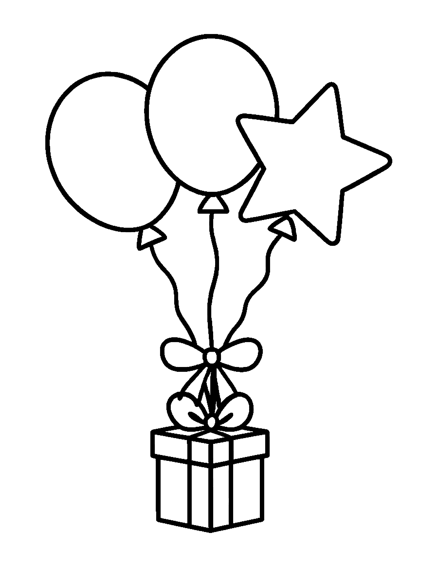 Line drawing of four balloons tied together floating above a gift box