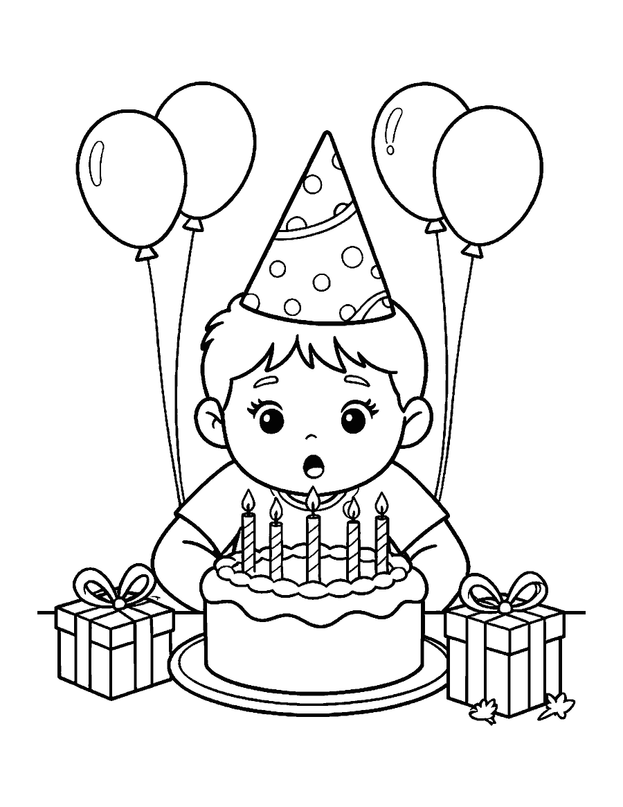 Line drawing of a child in a party hat blowing out candles on a cake