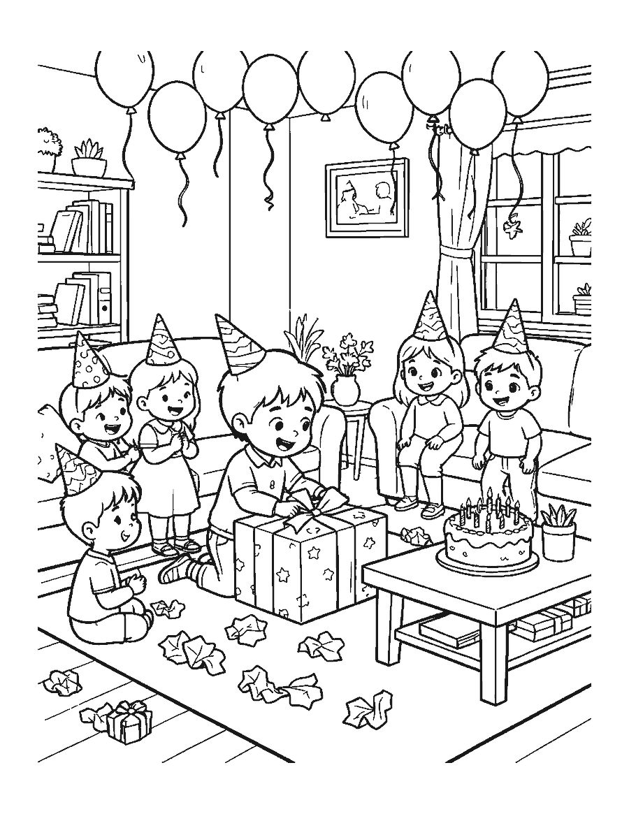 Line drawing of a child opening a present while friends in party hats watch