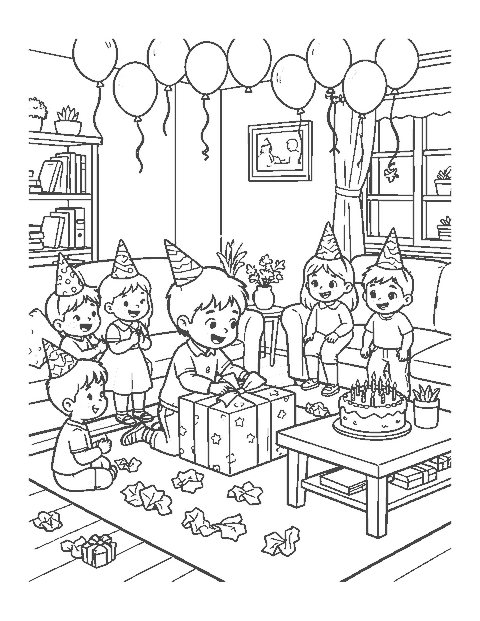 Line drawing of a child opening a present while friends in party hats watch