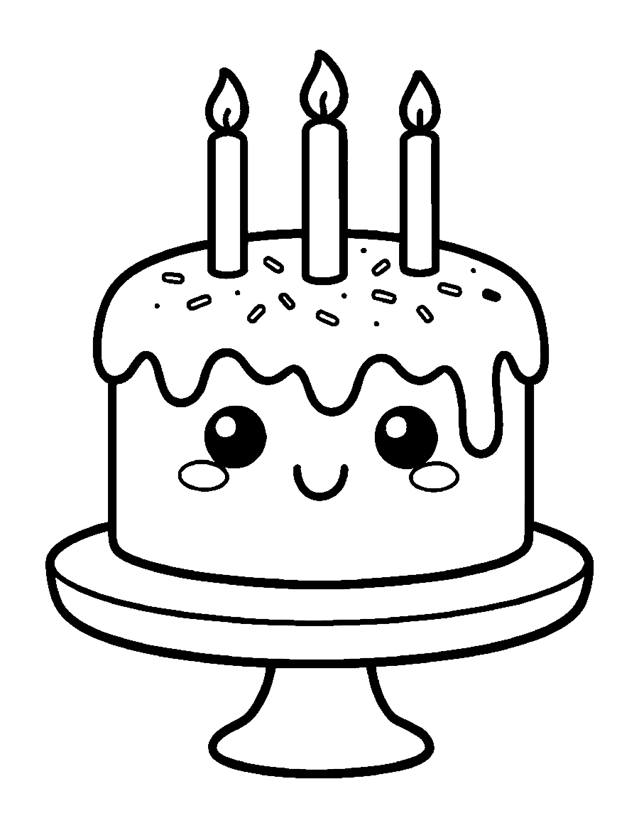 Line drawing of a cute smiling birthday cake with three candles on a stand