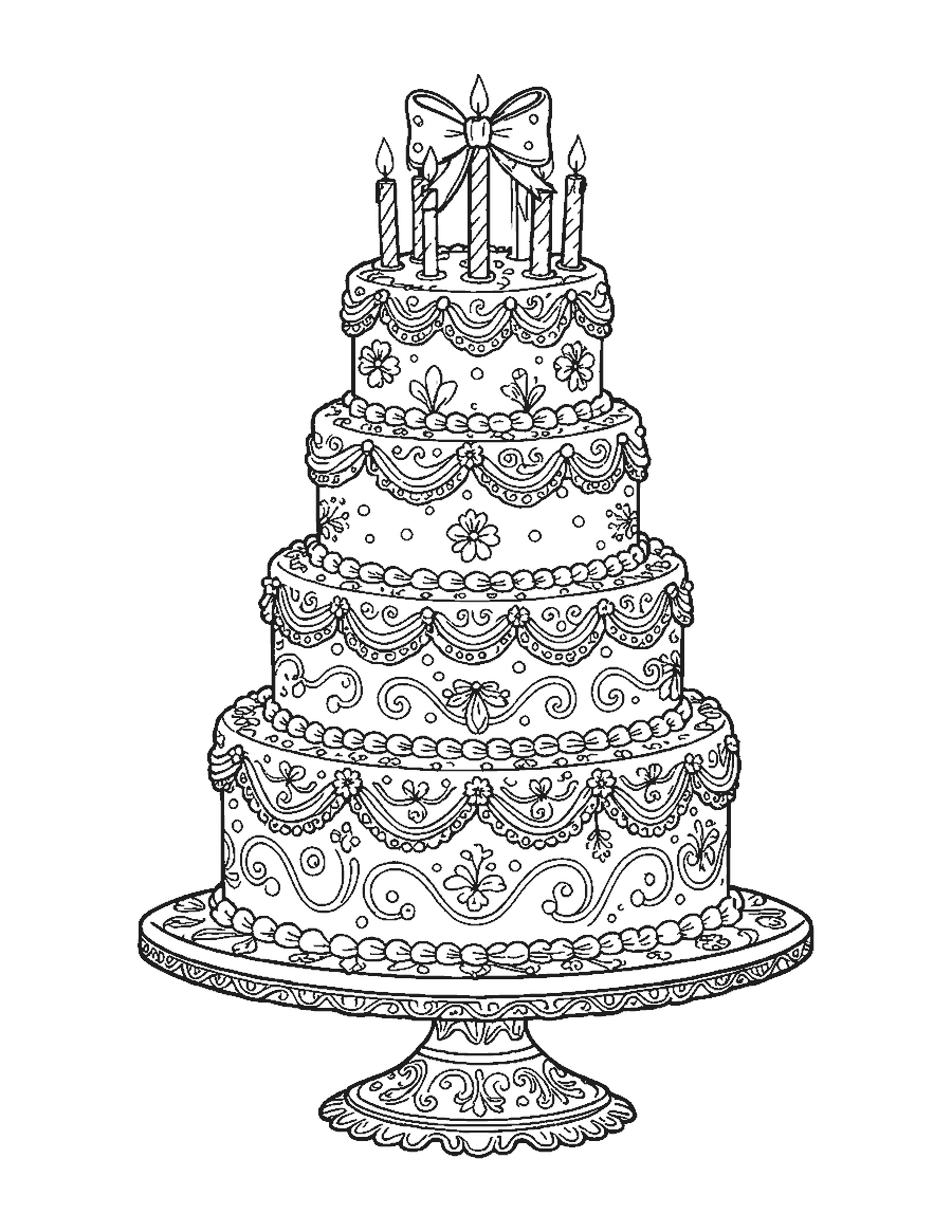 Line drawing of a tall four-tier cake covered in detailed piped decorations
