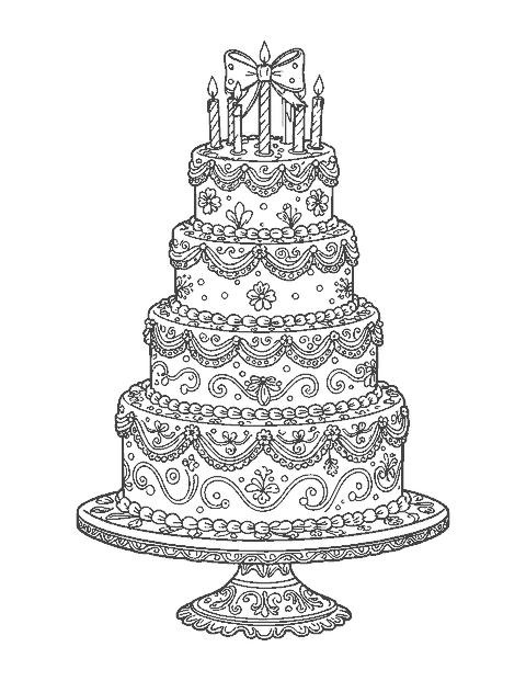 Line drawing of a tall four-tier cake covered in detailed piped decorations