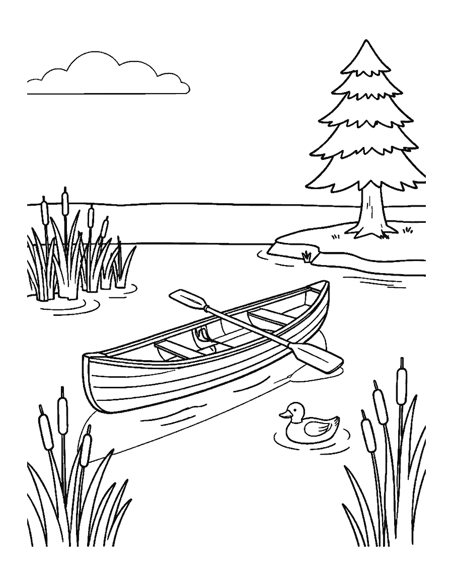 Line drawing of a wooden canoe on a calm lake with cattails and a duck