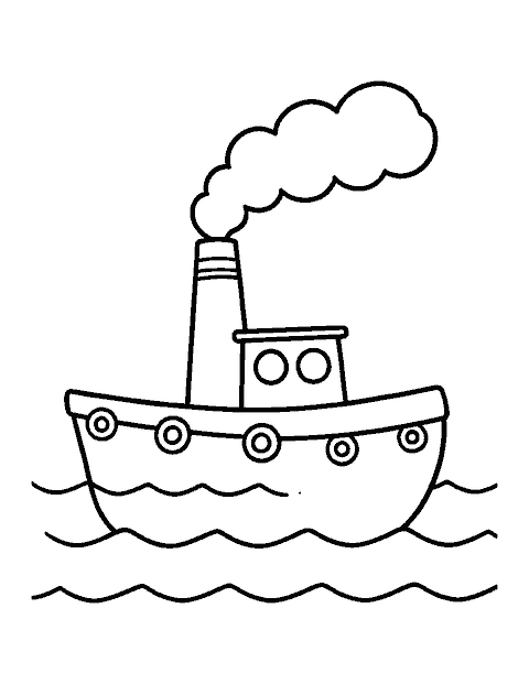 Line drawing of a chubby tugboat with a tall smokestack and round windows
