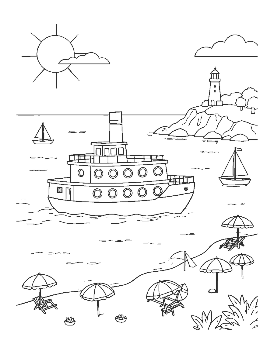 Line drawing of a ferry boat crossing a bay past a beach, sailboats and a lighthouse