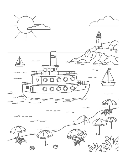 Line drawing of a ferry boat crossing a bay past a beach, sailboats and a lighthouse