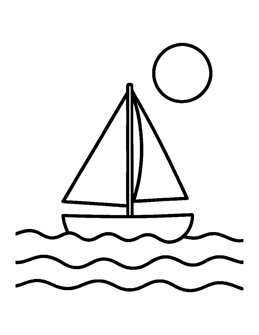Line drawing of a small sailboat with a triangular sail on rolling waves